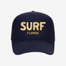 Navy blue trucker hat with 'SURF Florida' text in yellow