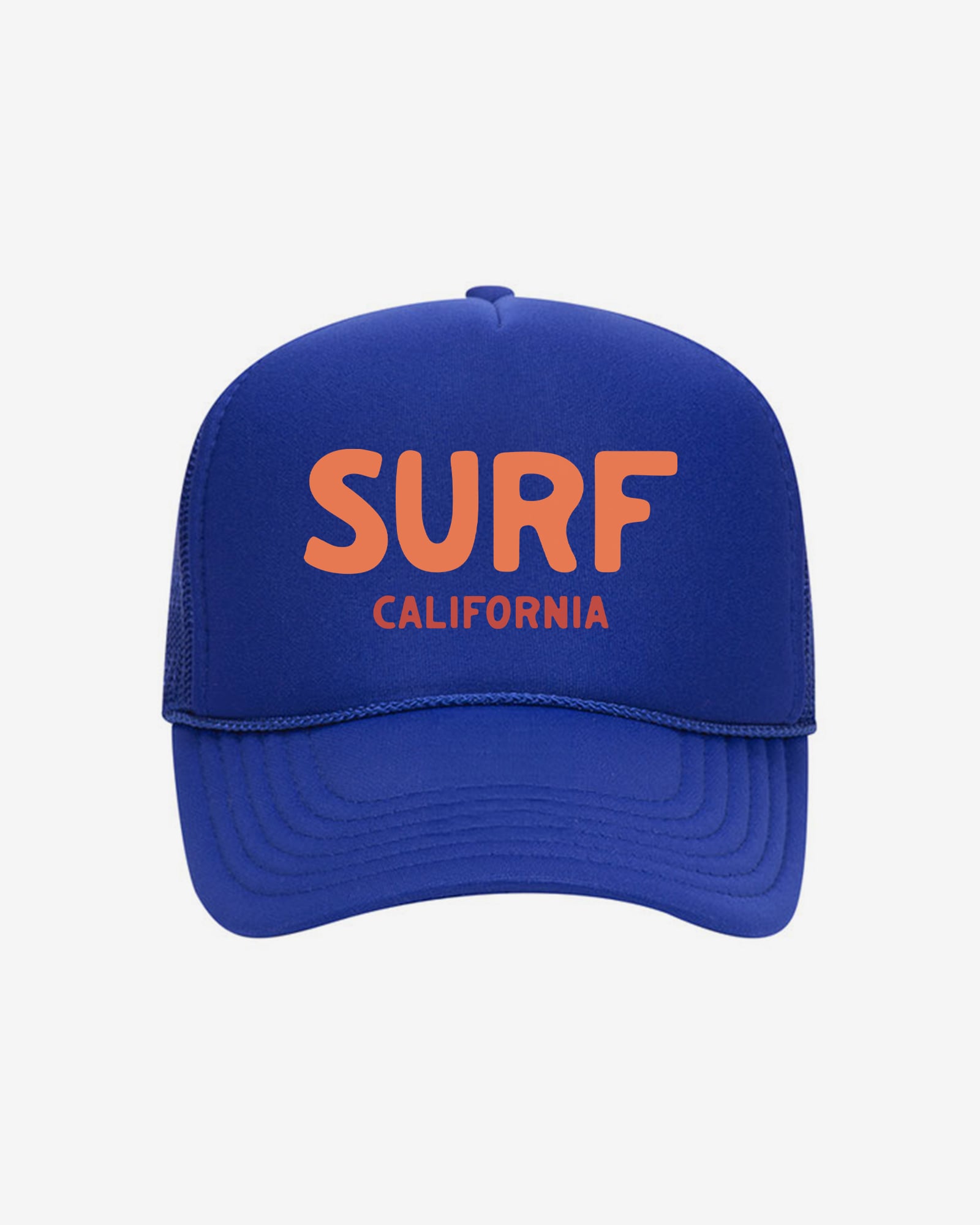 Blue cap with 'SURF CALIFORNIA' text in orange