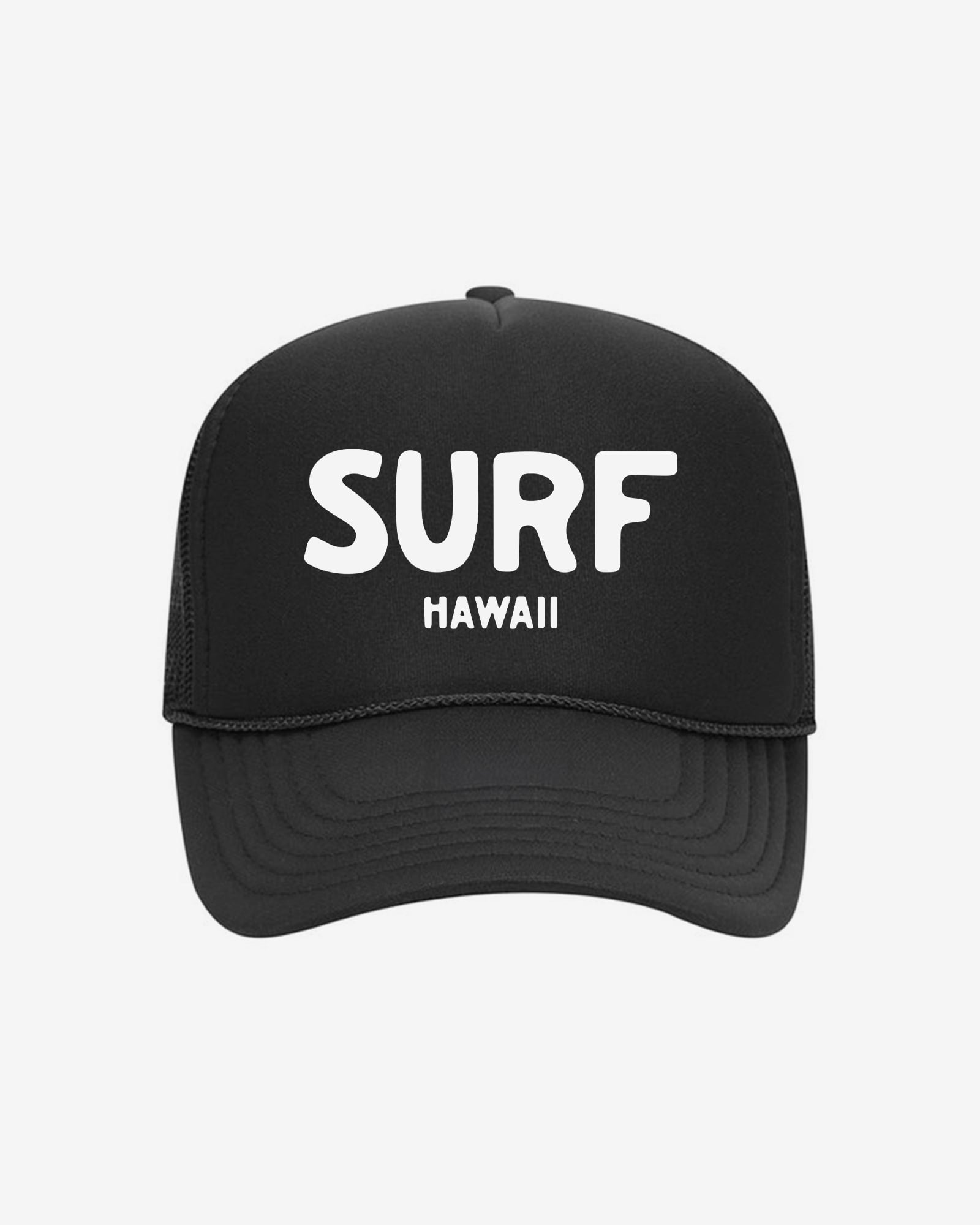 Black trucker hat with 'SURF HAWAII' text in white
