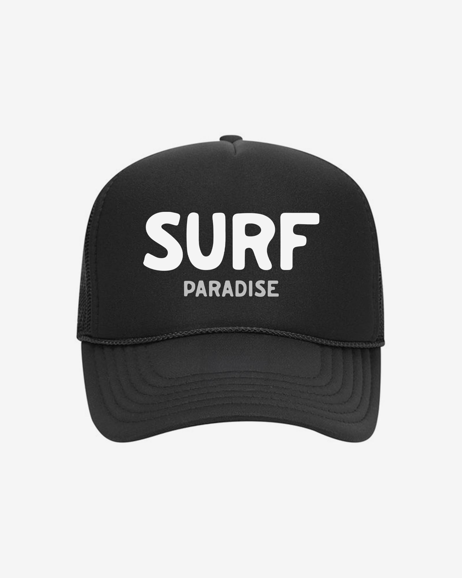 Black cap with 'SURF PARADISE' text in white