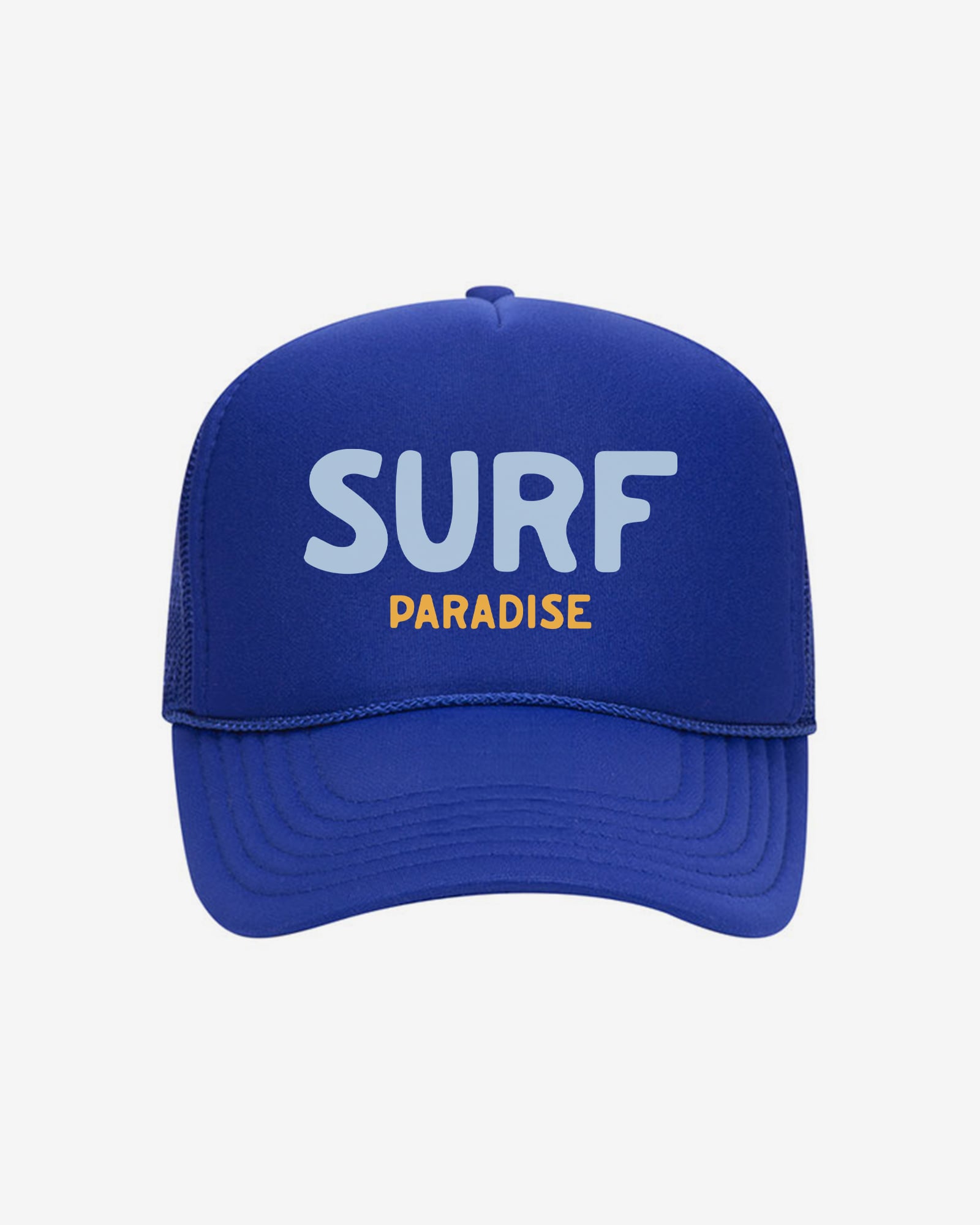 Blue trucker hat with 'SURF PARADISE' text