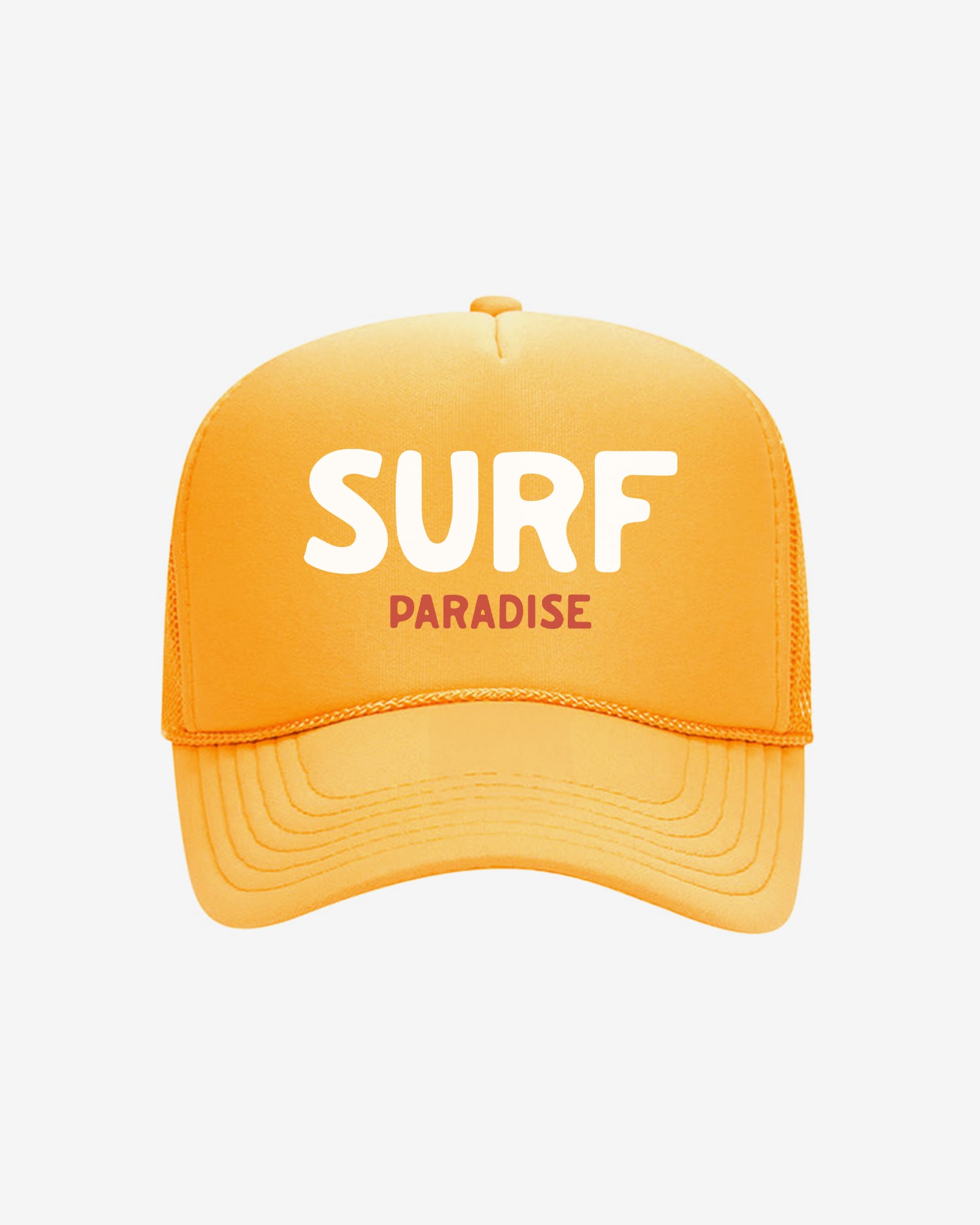 Yellow cap with 'SURF PARADISE' text in white